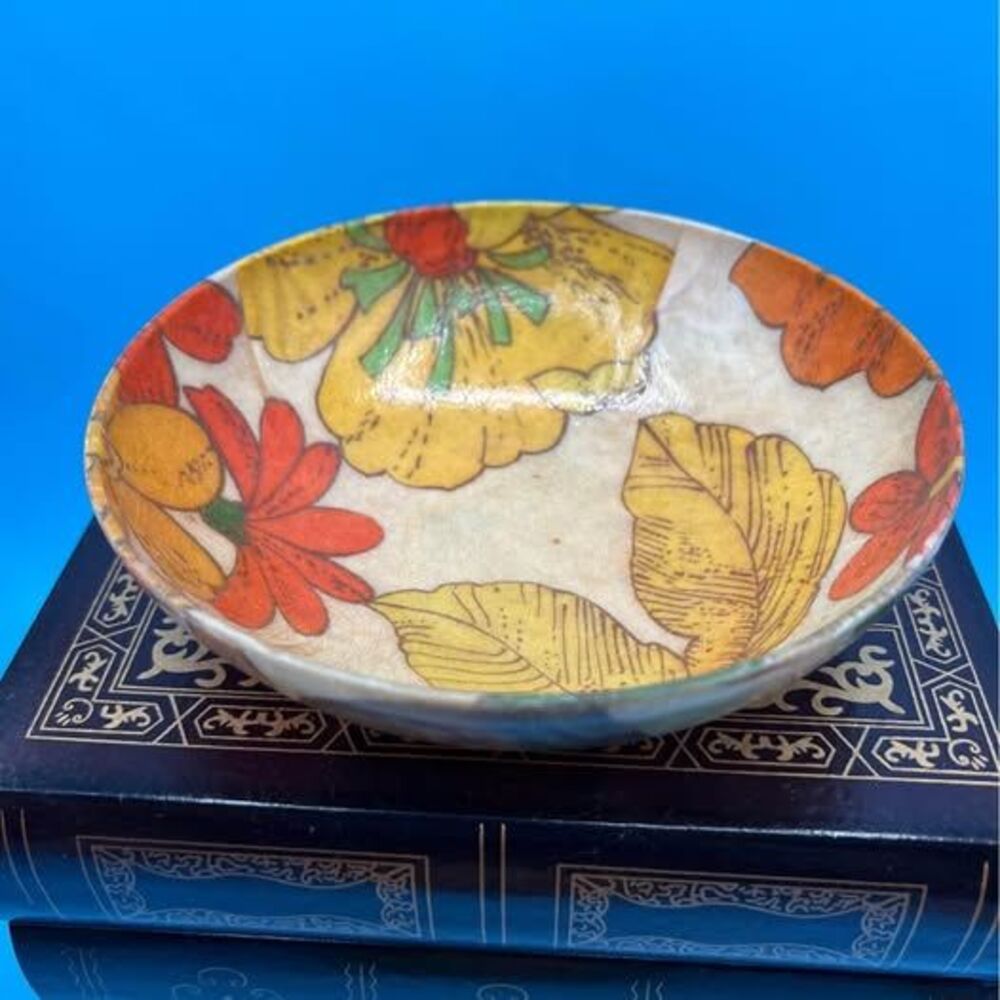 Fiberglass Floral Orange Yellow Bowl Vintage Retro MCM 1960s